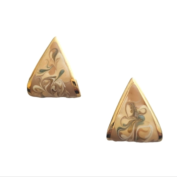 Vintage Gold Plated Triangle Button Earrings 1.5" Peach Swirl Girlcore Trendy - Picture 1 of 4
